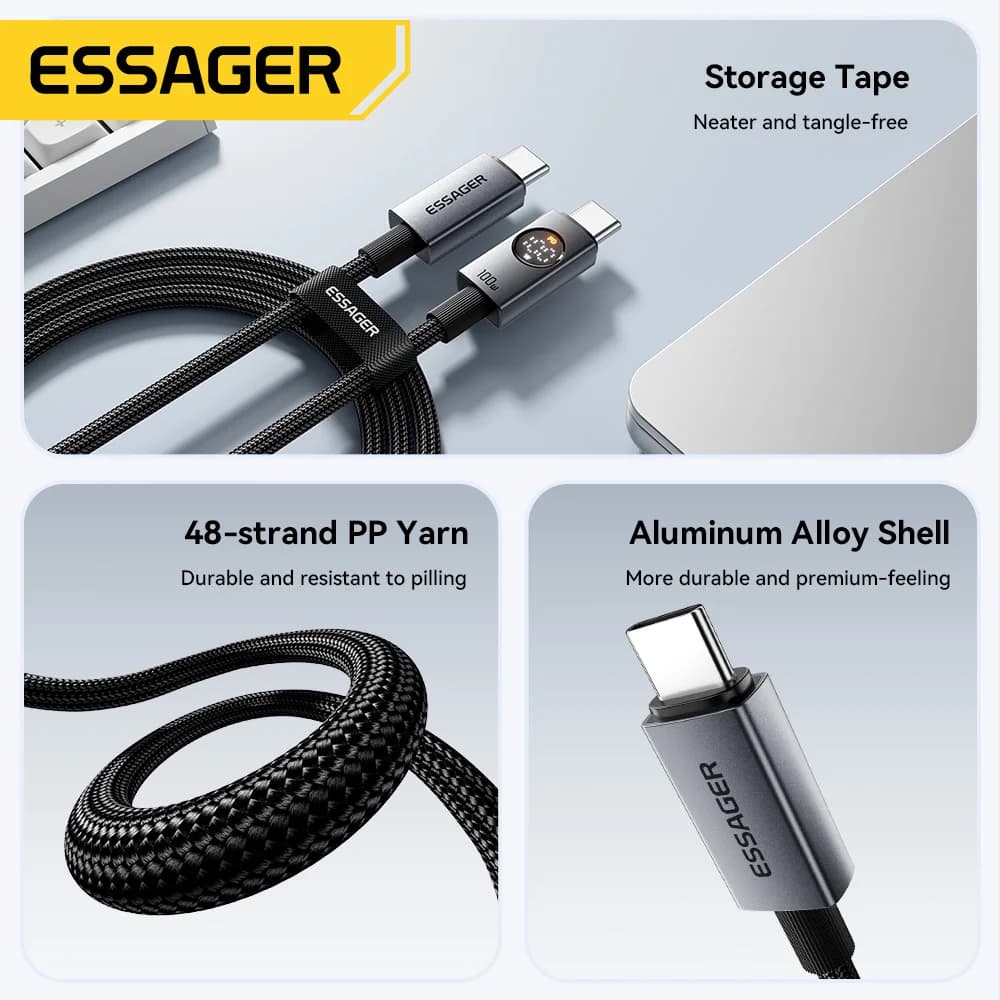 Dijital Ekranlı 100W USB-C'den USB-C'ye Kablo
