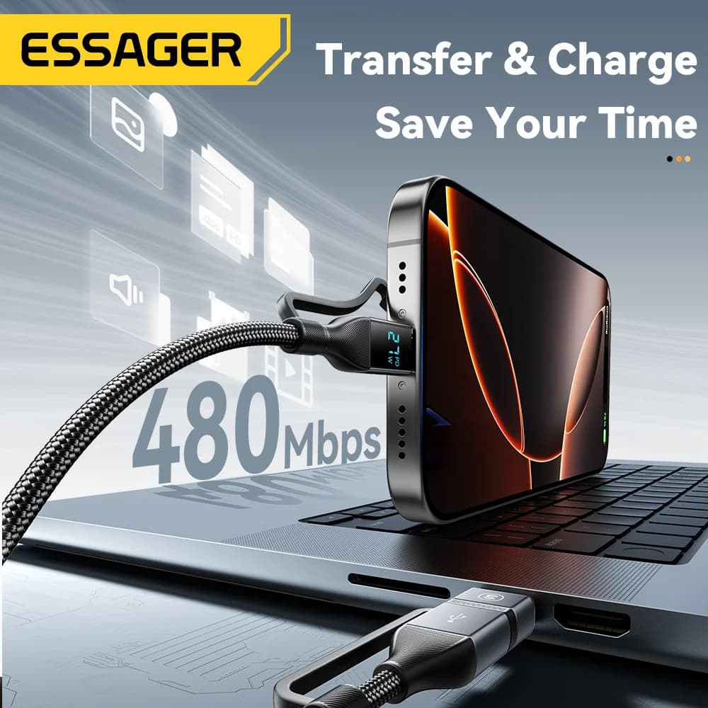 4'ü 1 Arada Dijital Ekranlı USB-C Kablo, 100W PD