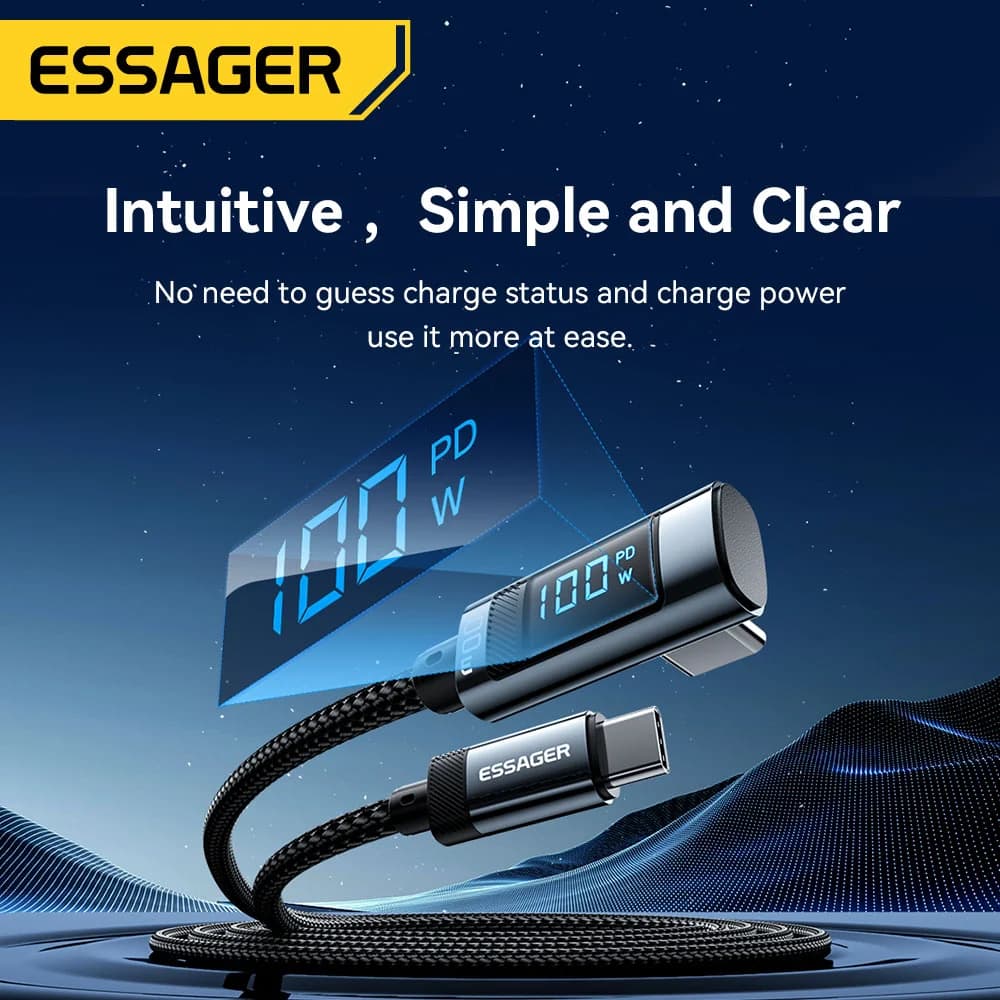 90° LED Ekranlı 100W USB Type-C to USB-C Kablo