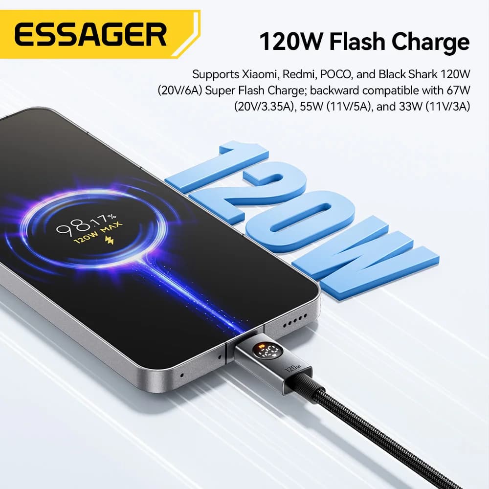 120W 6A USB-A to USB-C Süper Hızlı Şarj Kablosu