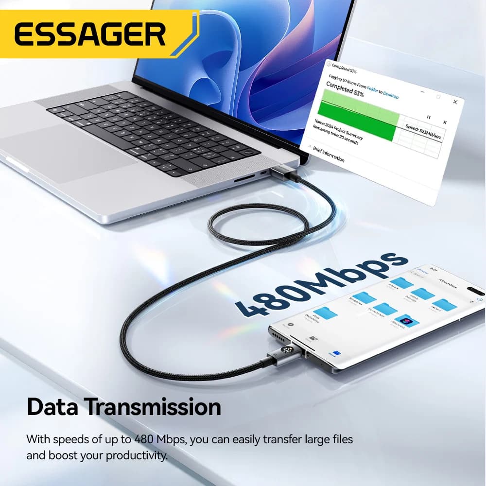 Dijital Ekranlı 7A 100W USB-C Kablo