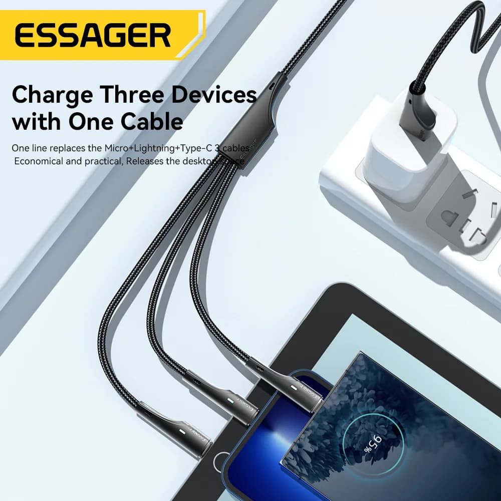 3'ü 1 Arada Çoklu Şarj Kablosu USB-C Micro USB Lightning