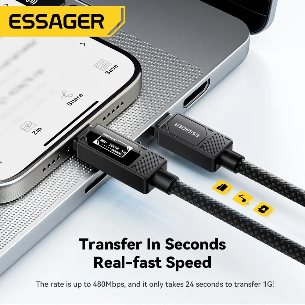 Dijital Ekranlı PD Şarj Destekli 100W USB-C Kablosu