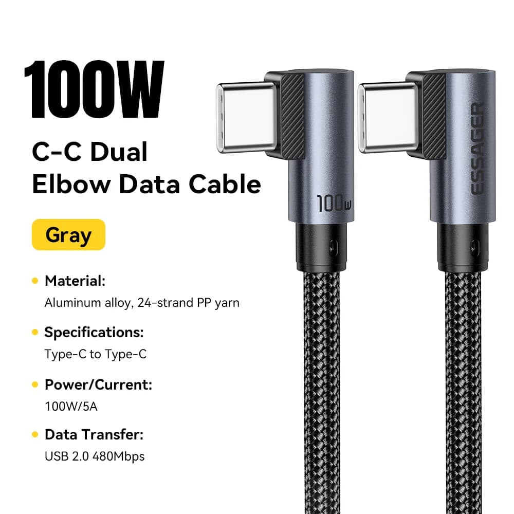 Dirsekli 100W USB-C to USB-C Hızlı Şarj Kablosu
