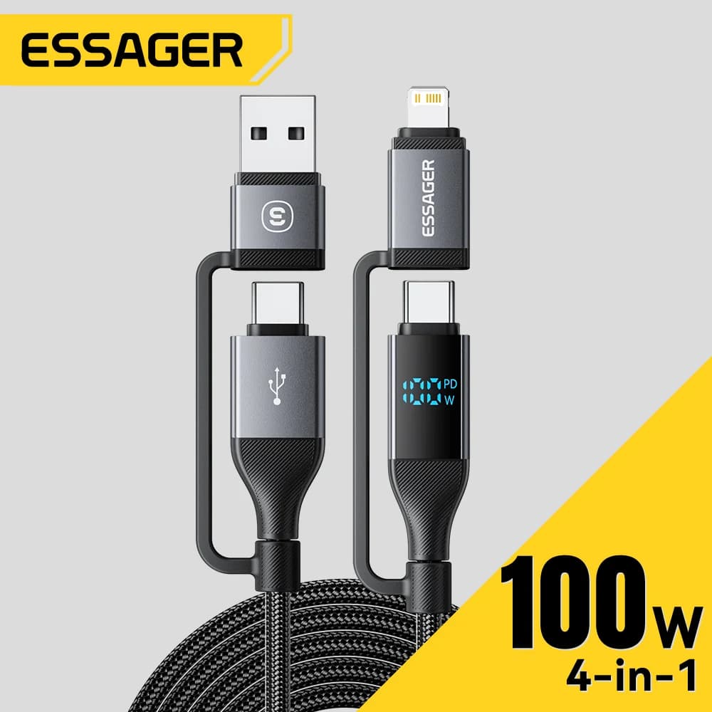 4'ü 1 Arada Dijital Ekranlı USB-C Kablo, 100W PD