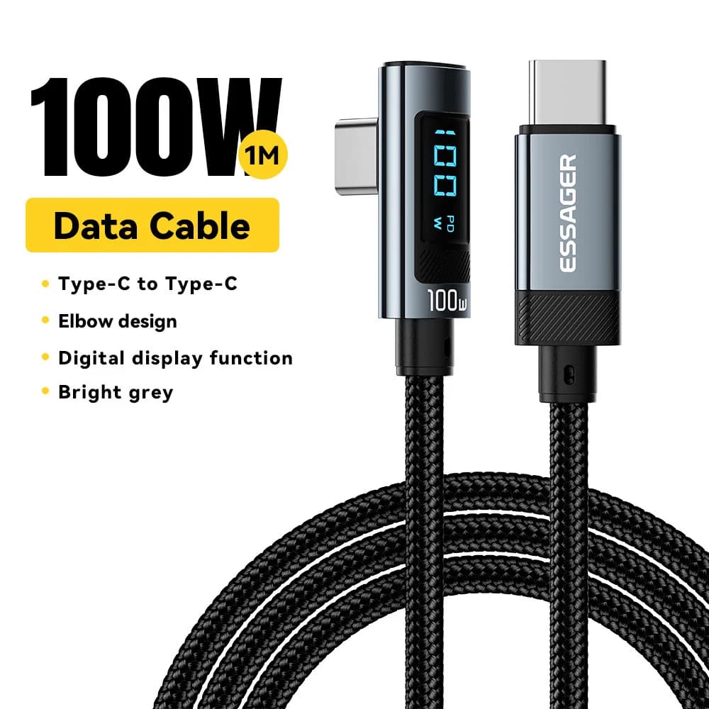 LED Ekranlı 90° Açıya Sahip 100W USB Type-C Kablo
