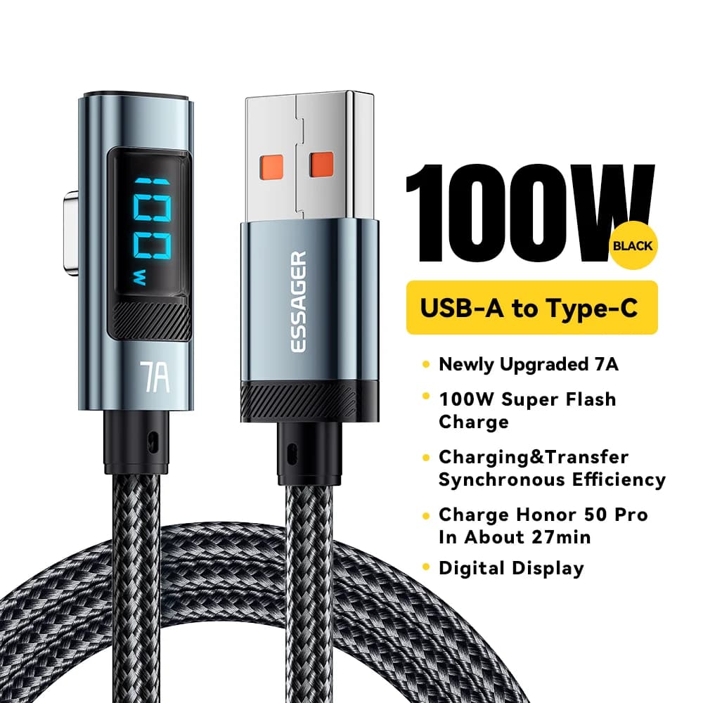 LED Ekranlı 90° Açıya Sahip 100W USB Type-C Kablo