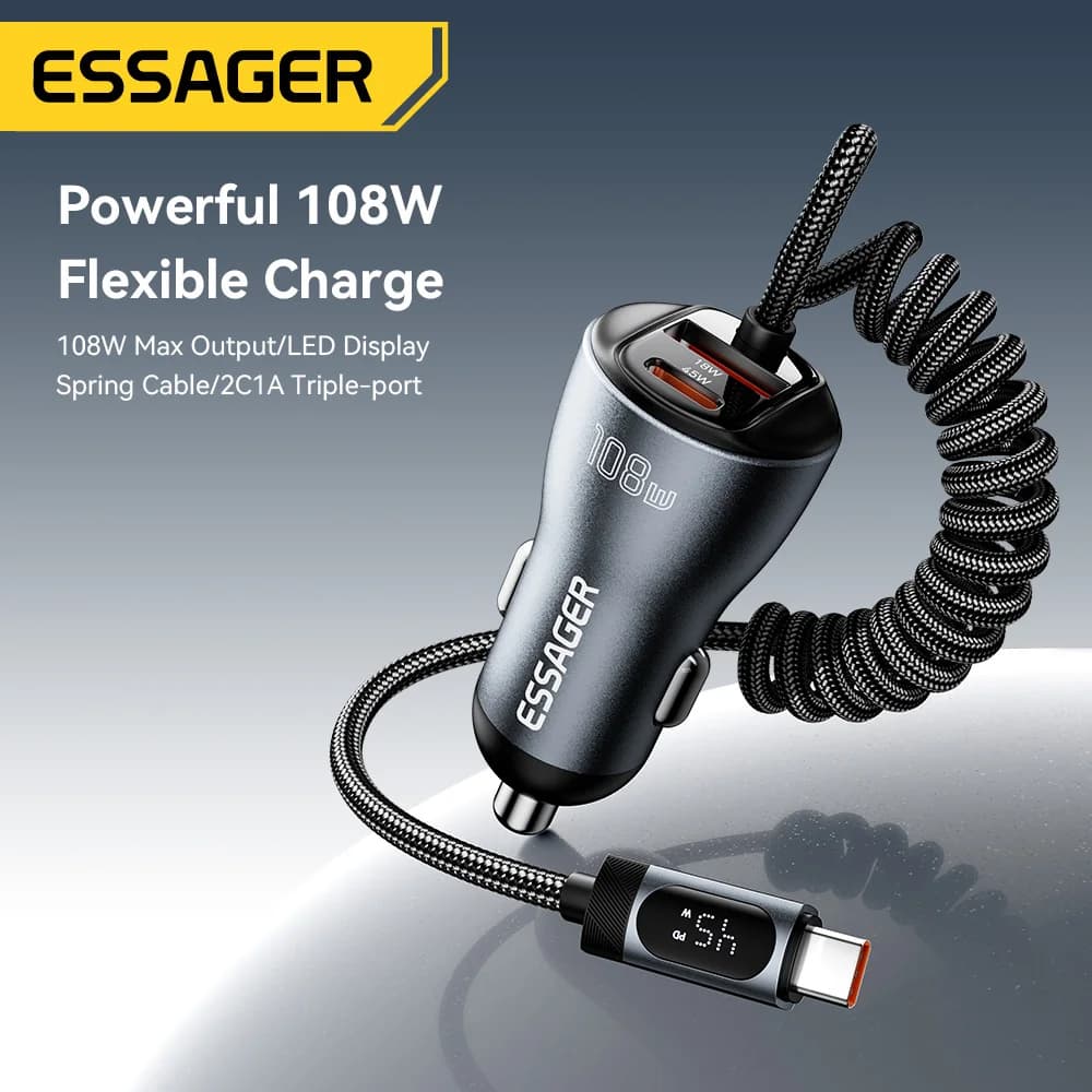 USB-C, USB-A ve Yaylı Kablo ile 108W Araç Şarj Aleti