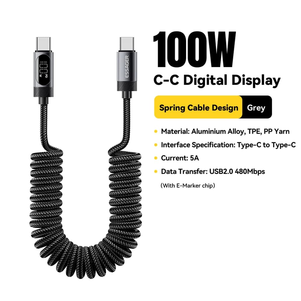 100W Yaylı USB-C to USB-C Araç Kablosu